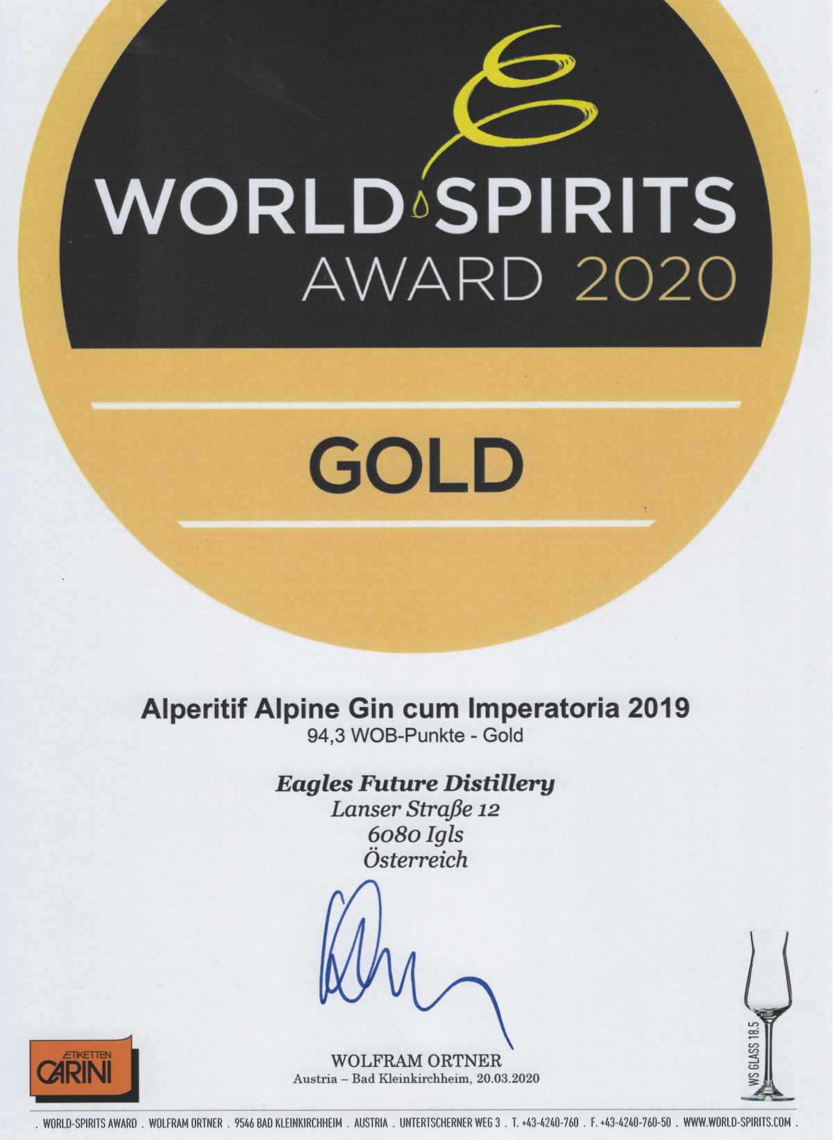 WSA Urkunde Alpine Gin Cum Imperatoria 2020